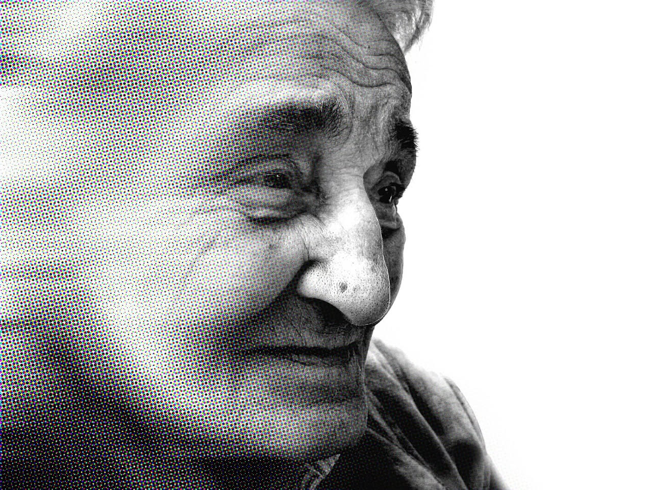 Nonna con capelli grigi guarda uno schermo di tablet mentre digita una domanda, luce naturale dalla finestra illumina il volto sereno