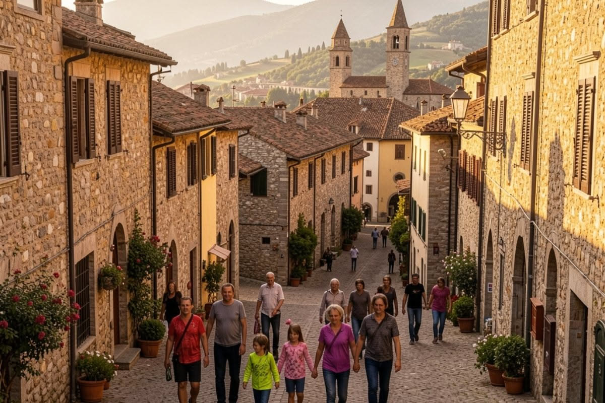 Una mano tiene uno smartphone con una mappa interattiva di borghi italiani, accanto a una tastiera e un caffè su una scrivania luminosa