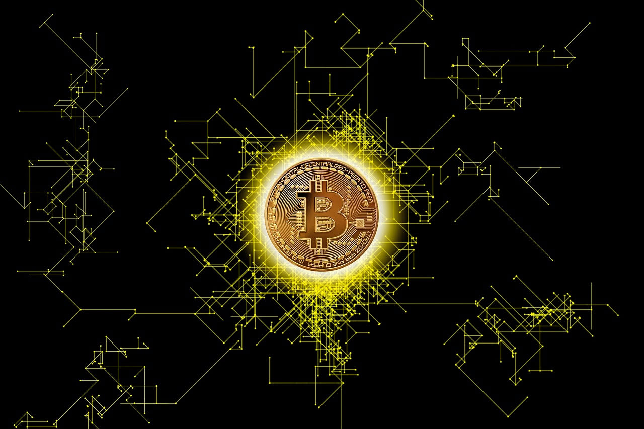 Schema grafico di una blockchain con blocchi collegati in sequenza, contenenti dati e codici crittografici, su sfondo blu con connessioni di rete