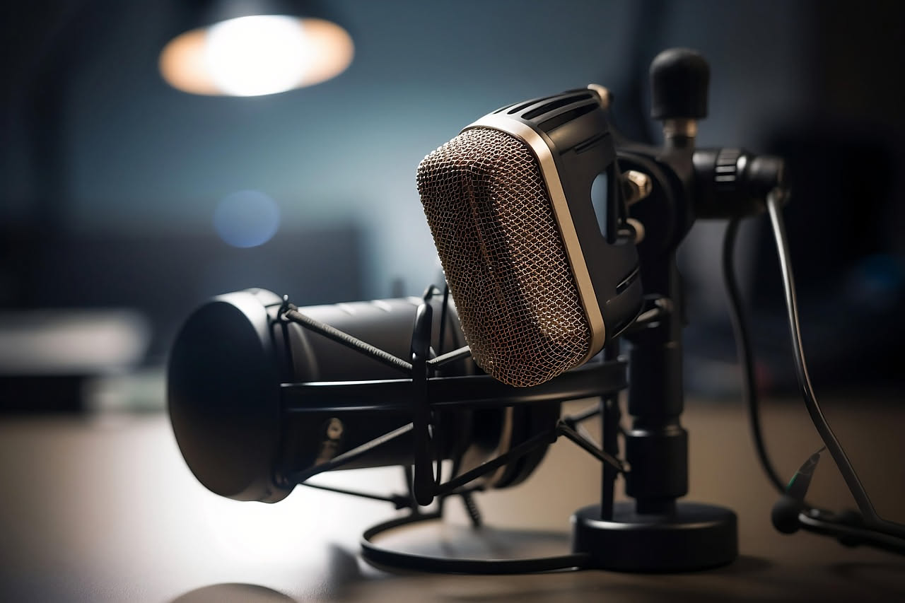 Microfono professionale nero davanti a uno schermo di computer che mostra un software di registrazione audio con onde sonore colorate